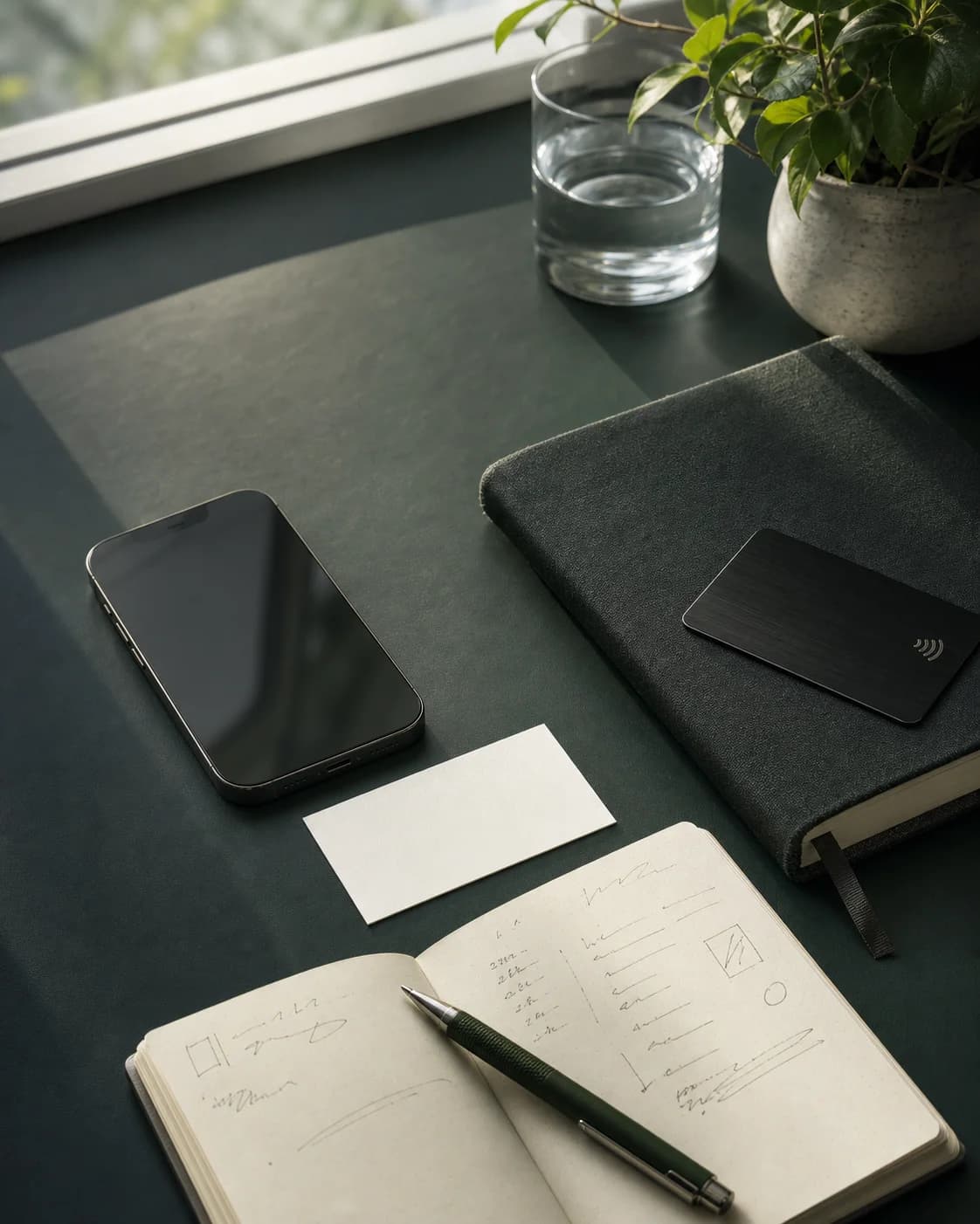 A phone, NFC card, notebook, and business card arranged on a dark green desk