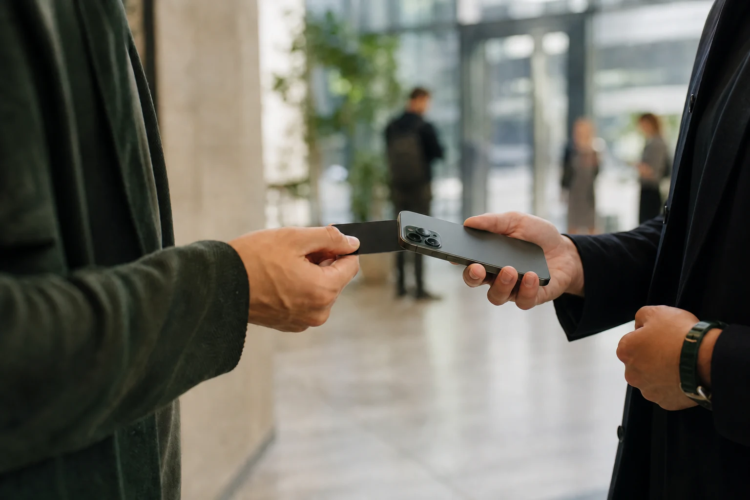 A professional tapping a phone against an NFC business card